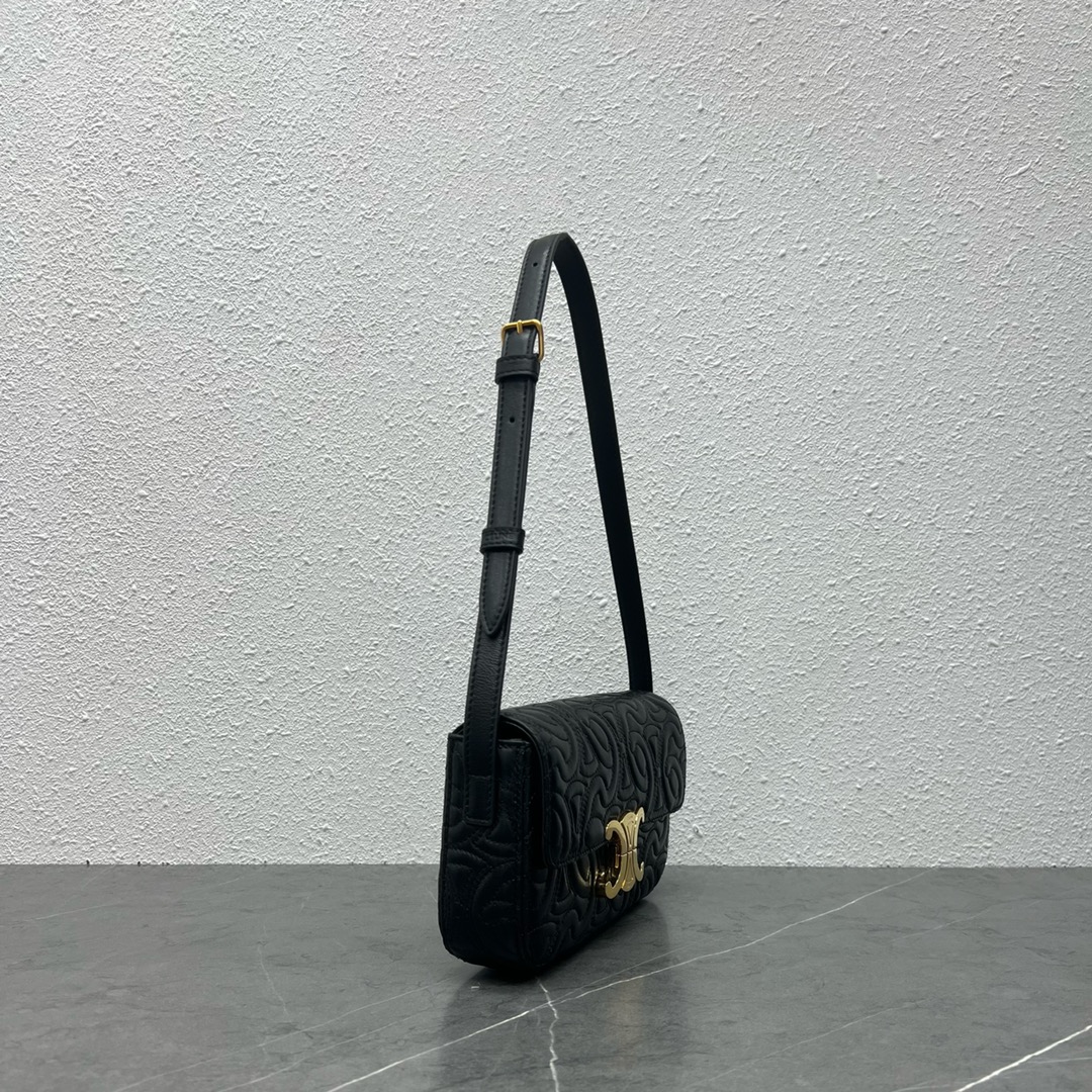 Celine Shoulder Bag Claude In Triomphe Embroidery Calfskin Black/Gold 194143